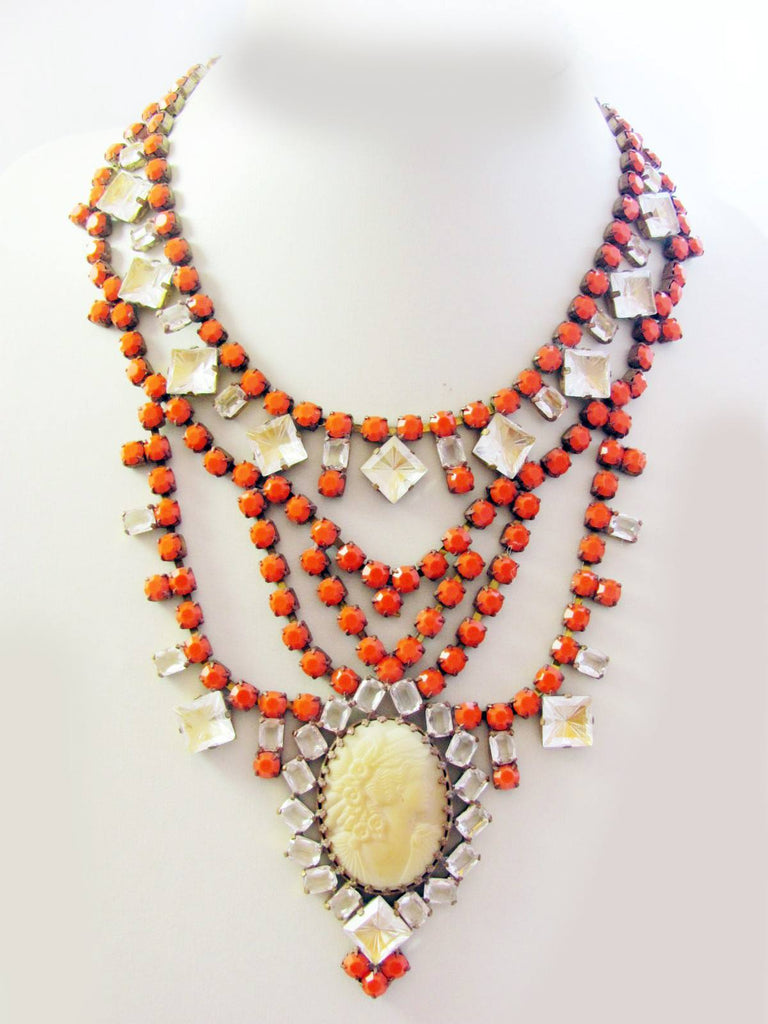 Czech Statement Orange Opaque Rhinestone Glass Cameo Necklace