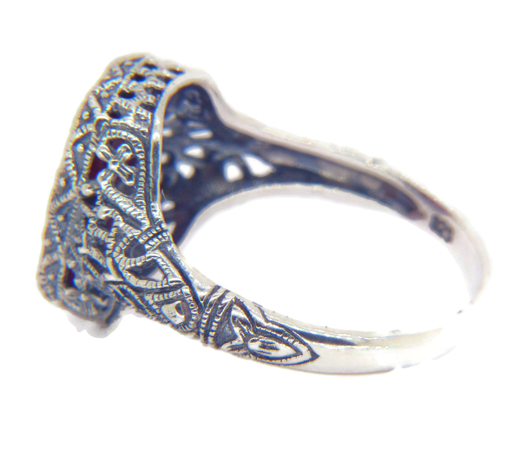 Art Deco Rose Glass Sterling Silver Filigree Revival Ring - Vintage Lane Jewelry