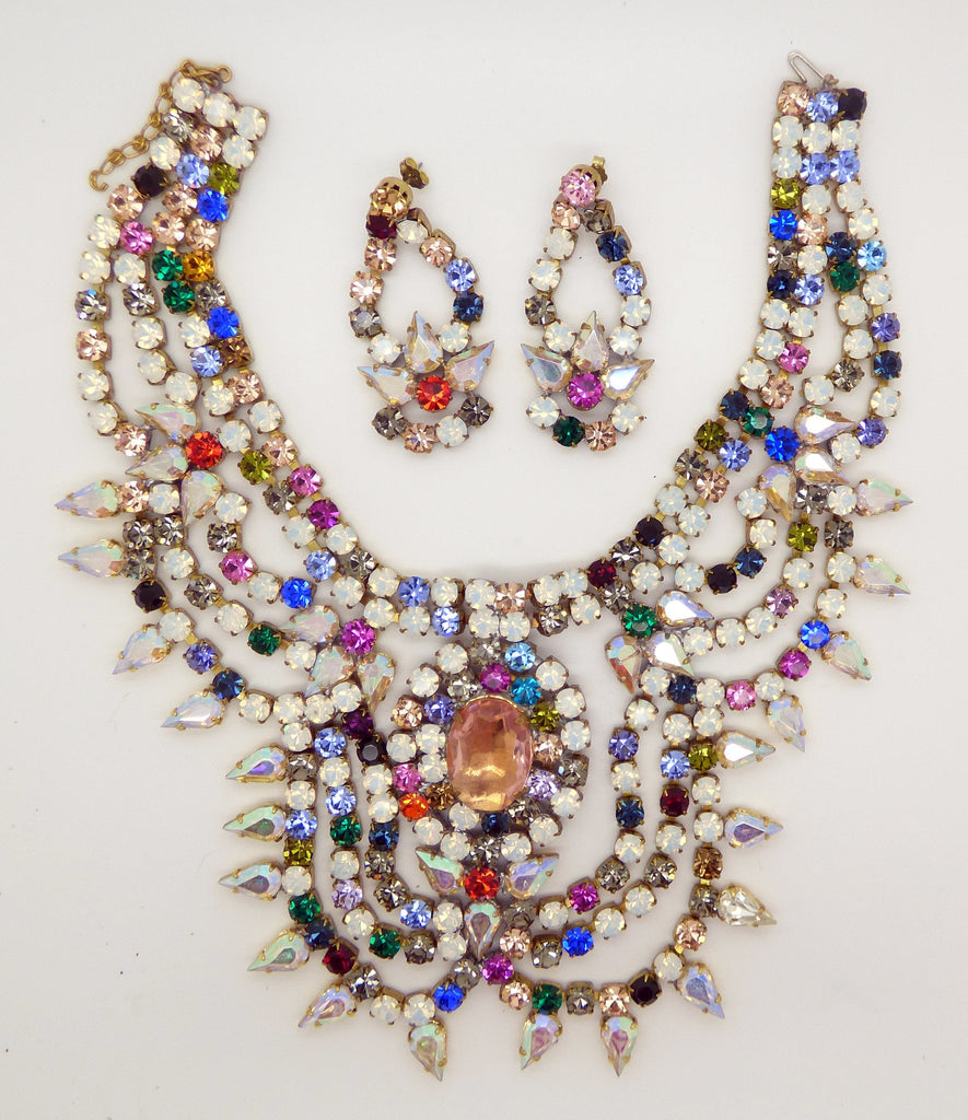 Bijoux M.G. Czech Glass Fall Colors and Opal White Stones Statement Necklace and Pierced Style Earring Set