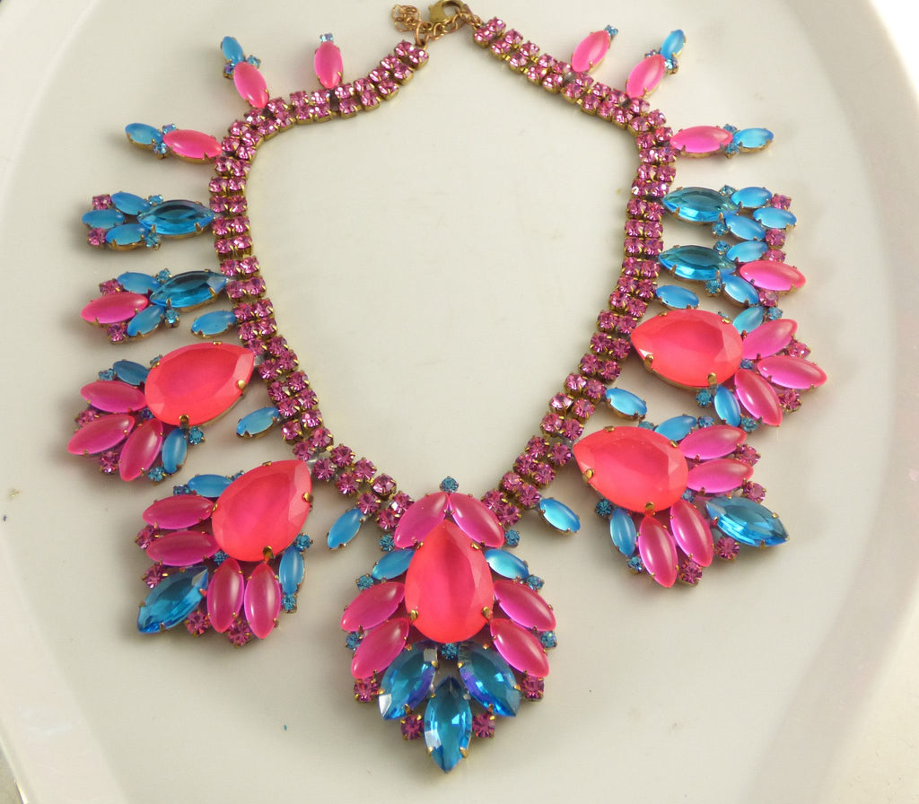 Neon Blue and Pink Czech Glass Stone Rhinestone Statement Necklace