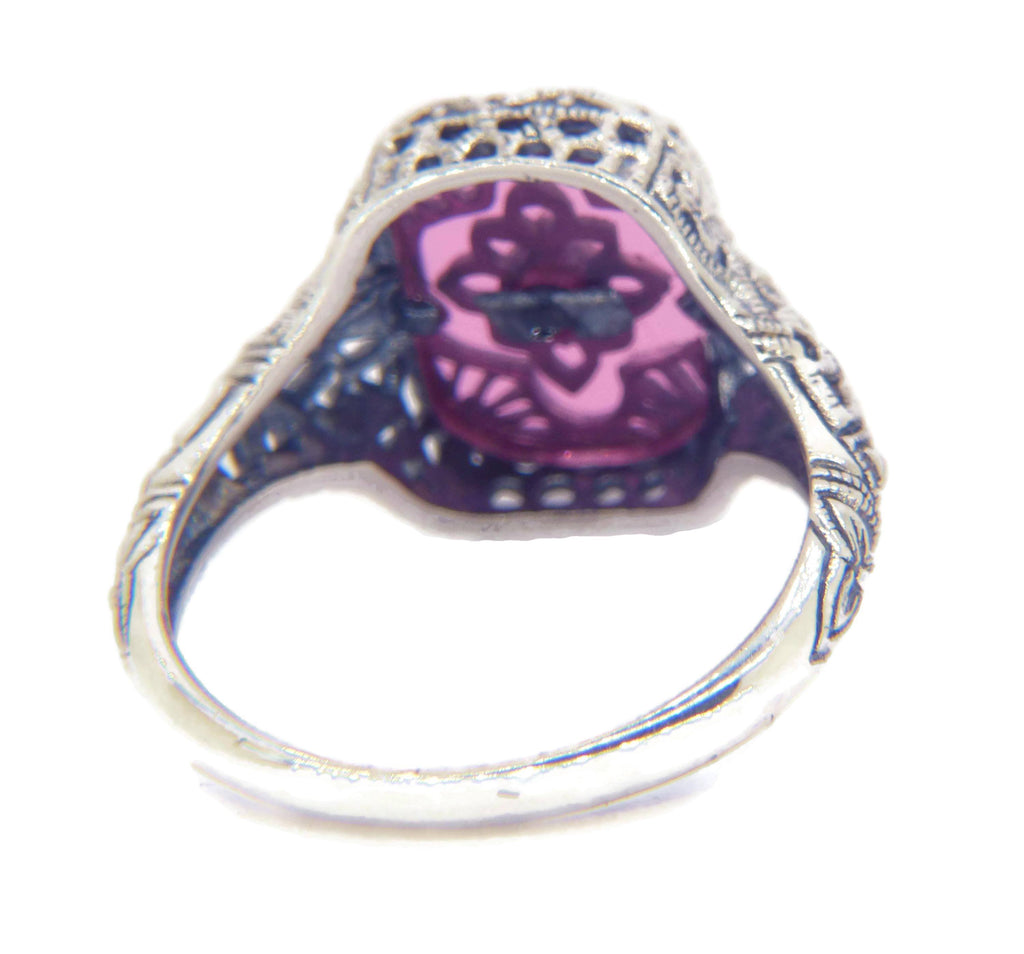 Art Deco Rose Glass Sterling Silver Filigree Revival Ring - Vintage Lane Jewelry