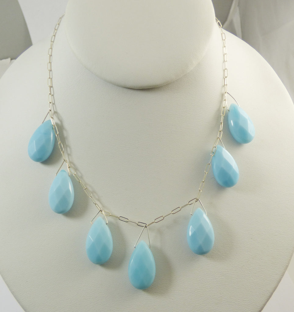 Vintage Sky Blue Chalcedony Briolette Sterling Silver Necklace