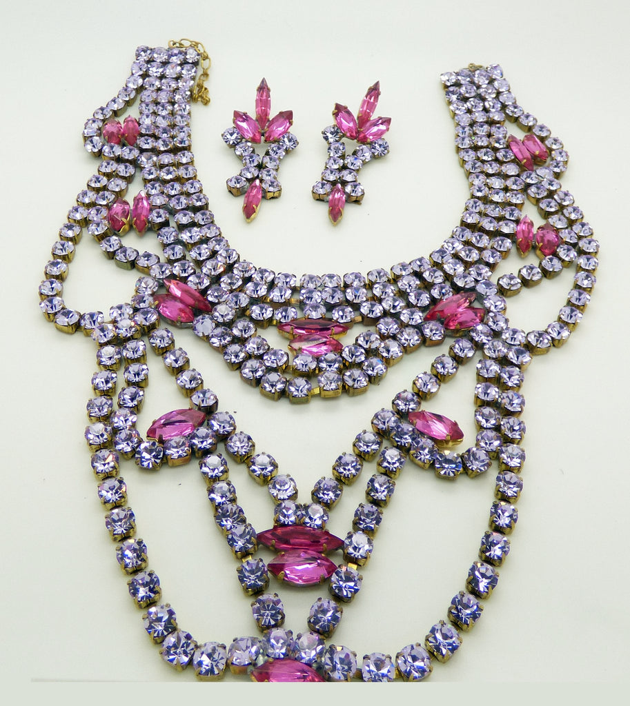 Bijoux M.G. Czech Glass Lavender Rhinestone Pink Navettes Statement Necklace and Pierced Style Earring Set