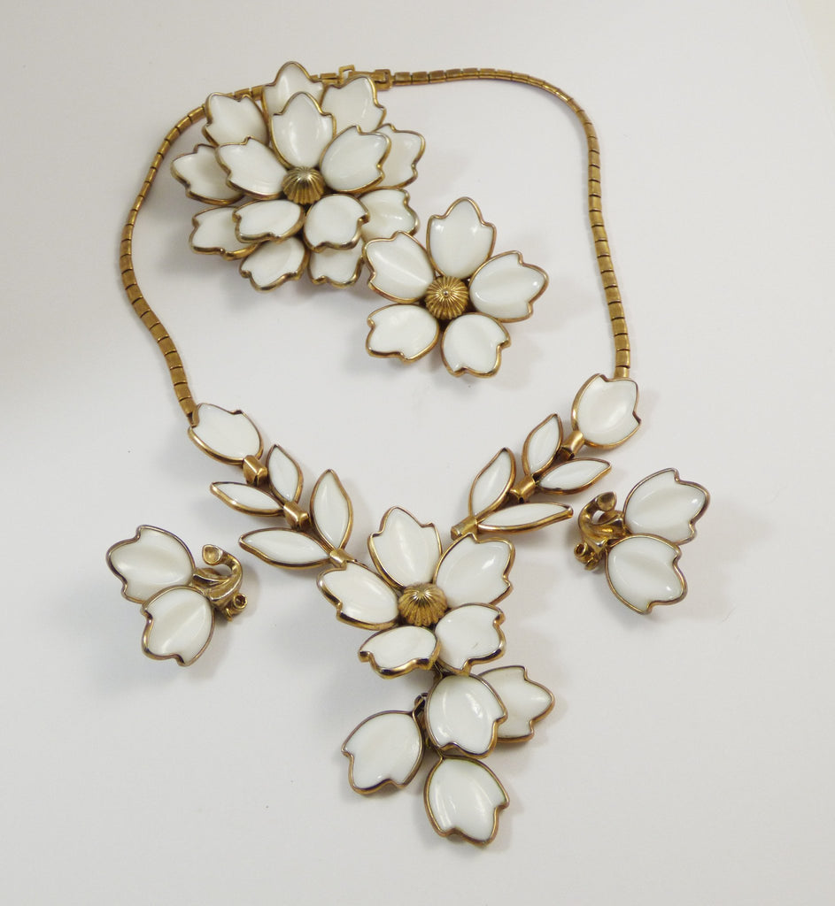 Vintage Crown Trifari Milk Glass Parure, Necklace, Clip Earrings, Flower Pins