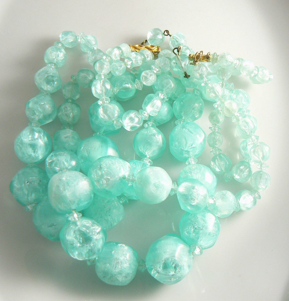 Hattie Carnegie Blue Cracked Ice Lucite Bead Necklace