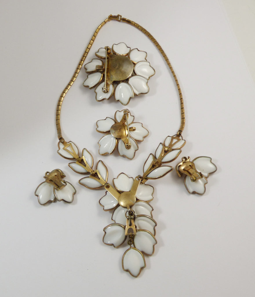 Vintage Crown Trifari Milk Glass Parure, Necklace, Clip Earrings, Flower Pins - Vintage Lane Jewelry