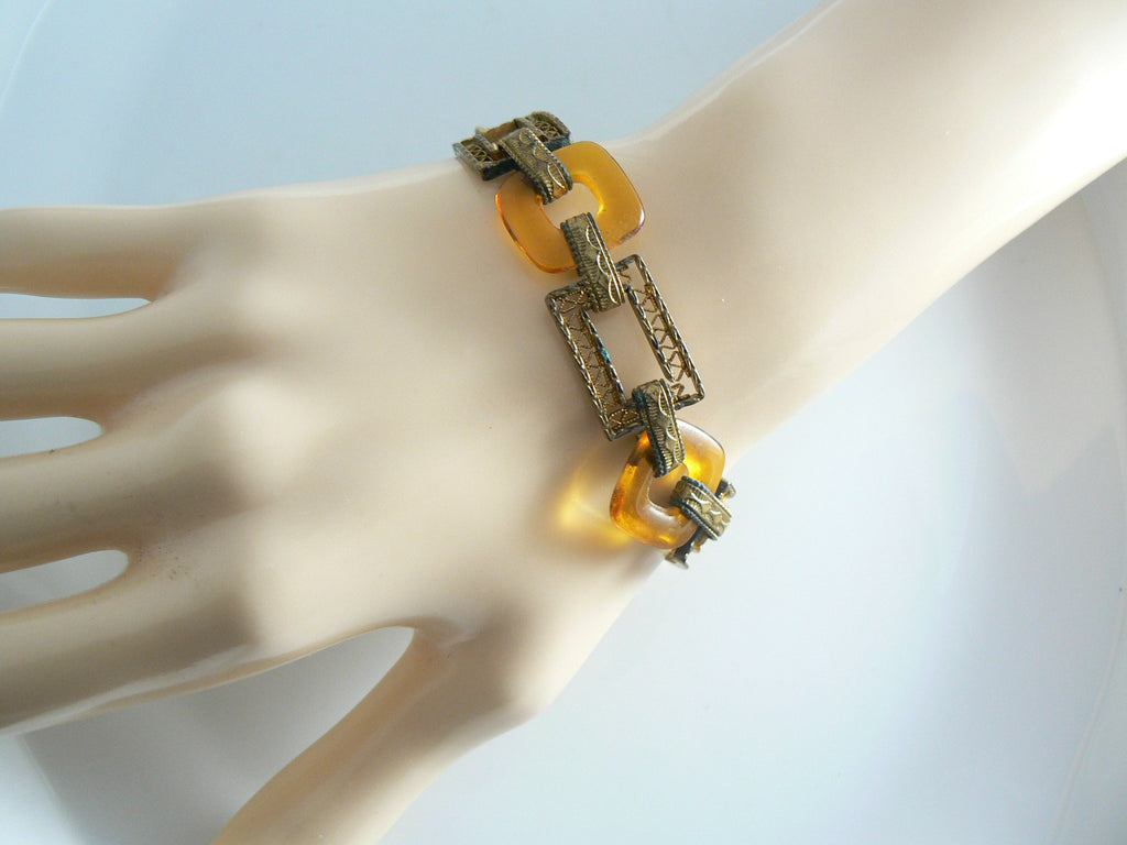 Unusual Brass And Amber Glass Filigree Link Bracelet