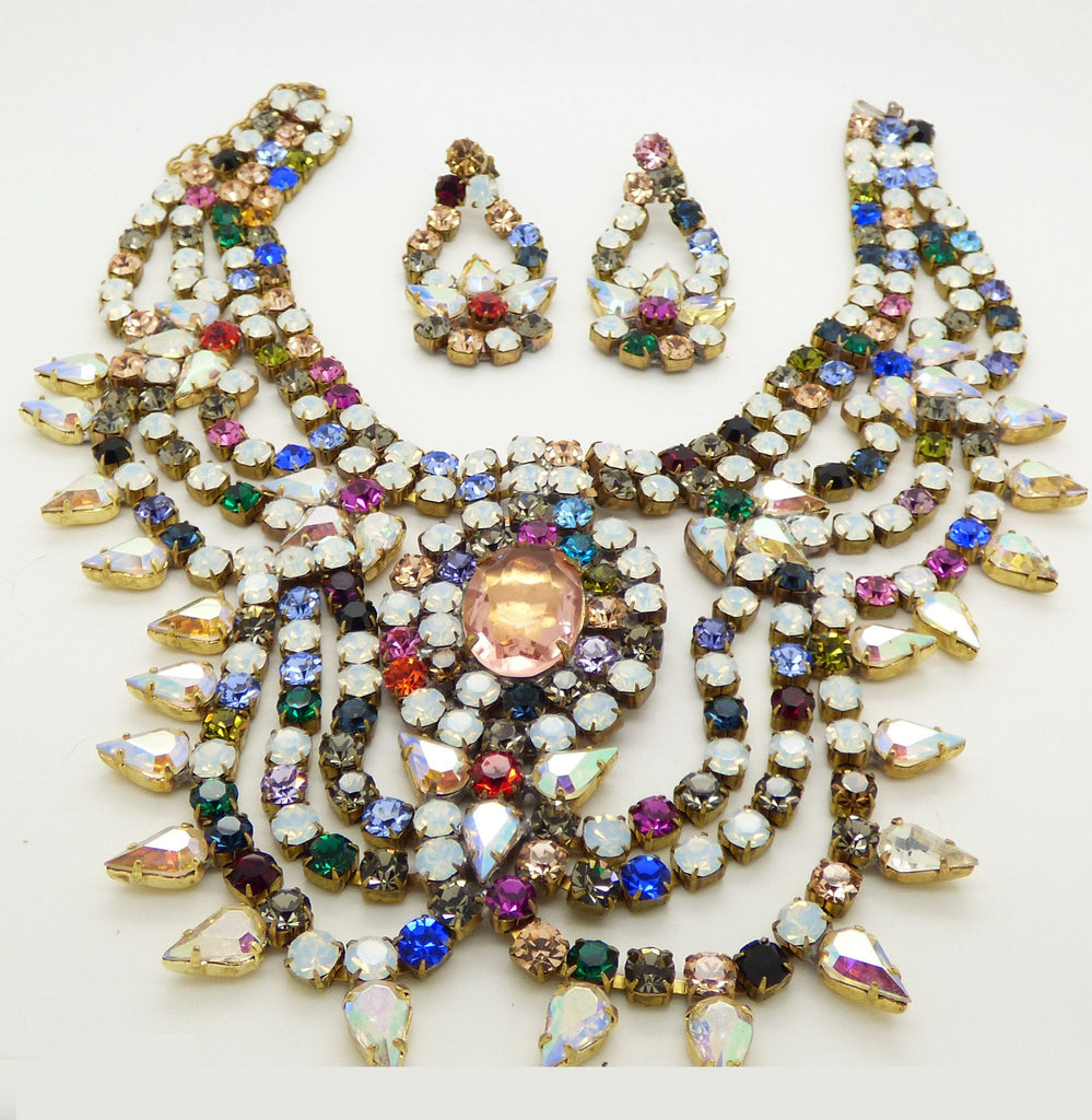 Bijoux M.G. Czech Glass Fall Colors and Opal White Stones Statement Necklace and Pierced Style Earring Set - Vintage Lane Jewelry