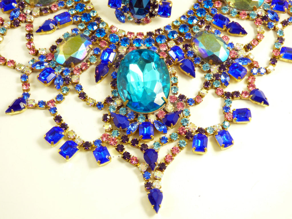 Czech Glass Statement Blue Pink Rhinestone Parure. Necklace, Earrings and Ring - Vintage Lane Jewelry