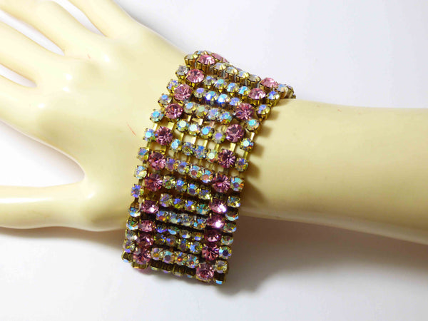 Vintage Czech 4 Strand Bracelet Pearl Rhinestone Rondelle Glass Beads