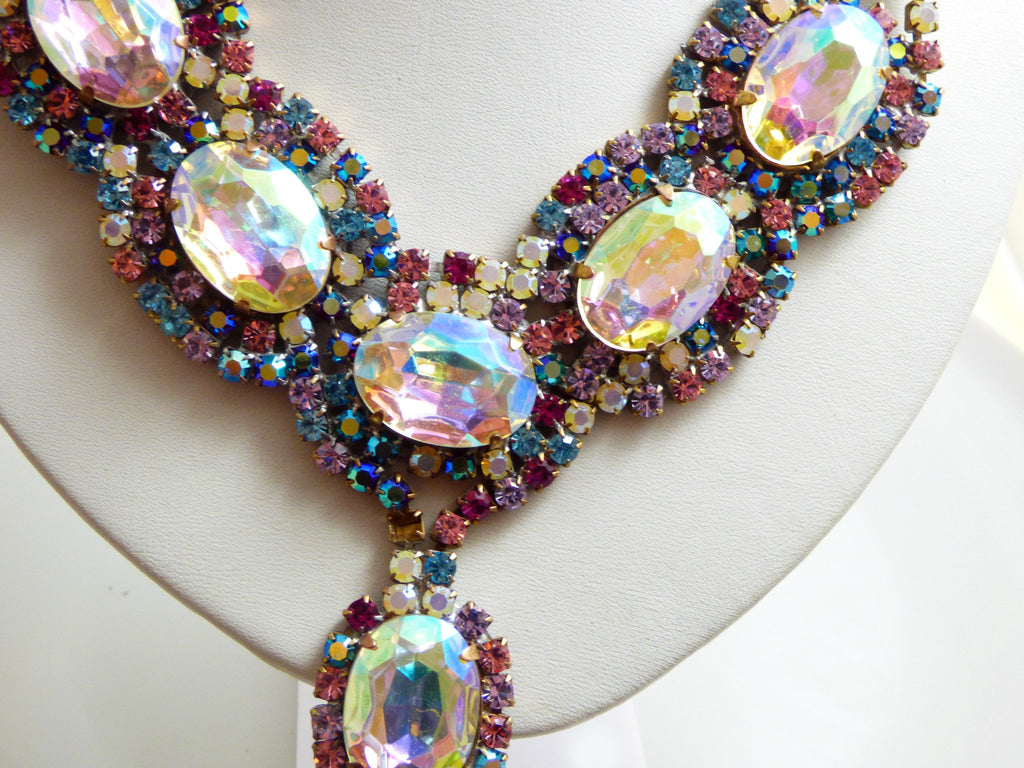 Czech Glass Multicolored Pastel Rhinestone Necklace, Clip Earrings and Ring - Vintage Lane Jewelry