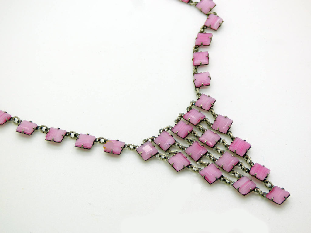 Vintage Art Deco Open Backed Pink Striped Art Glass Waterfall Sterling Silver Necklace