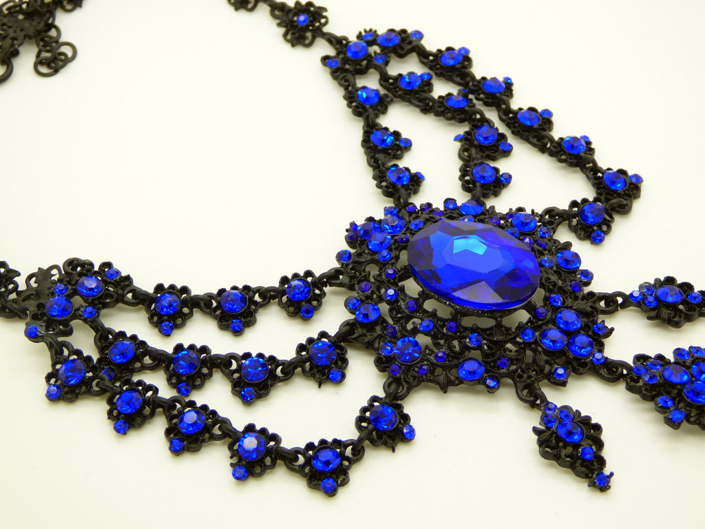 Cobalt Blue Rhinestone Black Gun Metal Statement Lavalier Necklace