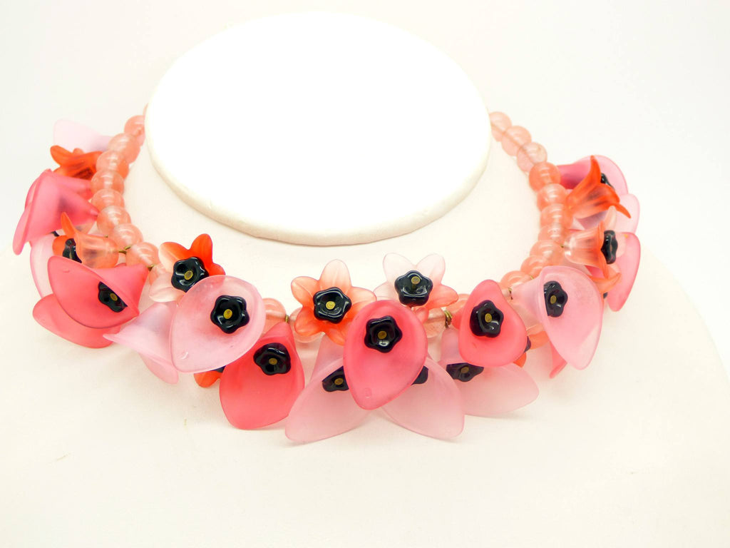 Lucite Flowers and Glass Beads Necklace, Red, Pink with Black Glass Beads