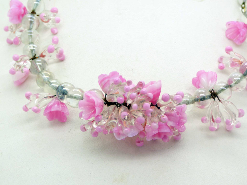 Pink Glass Flowers and Clear Glass Balls, Venetian Necklace
