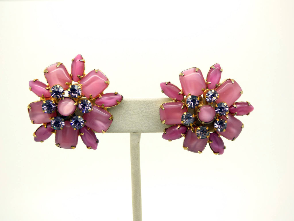 Vintage Juliana D & E Gold Plate Lavender Rhinestone Pink Art Glass Clip Earrings