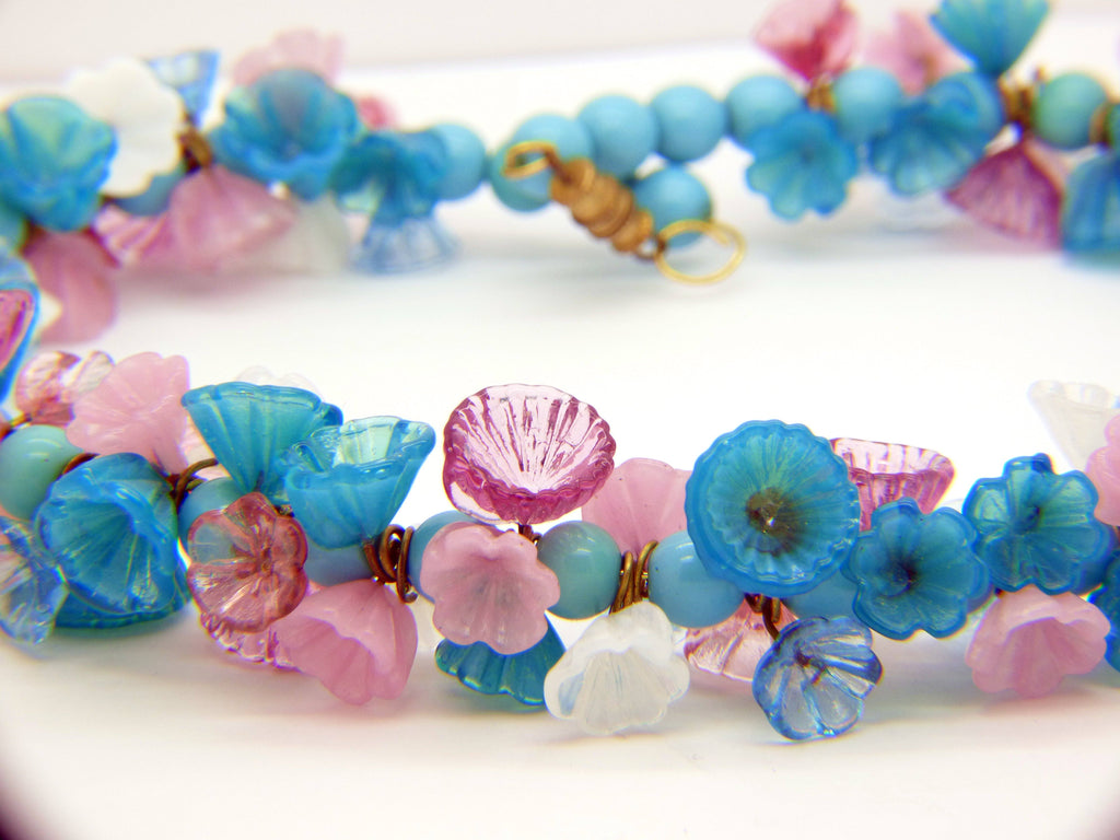 Turquoise Beaded Glass Flower Necklace/Choker - Vintage Lane Jewelry