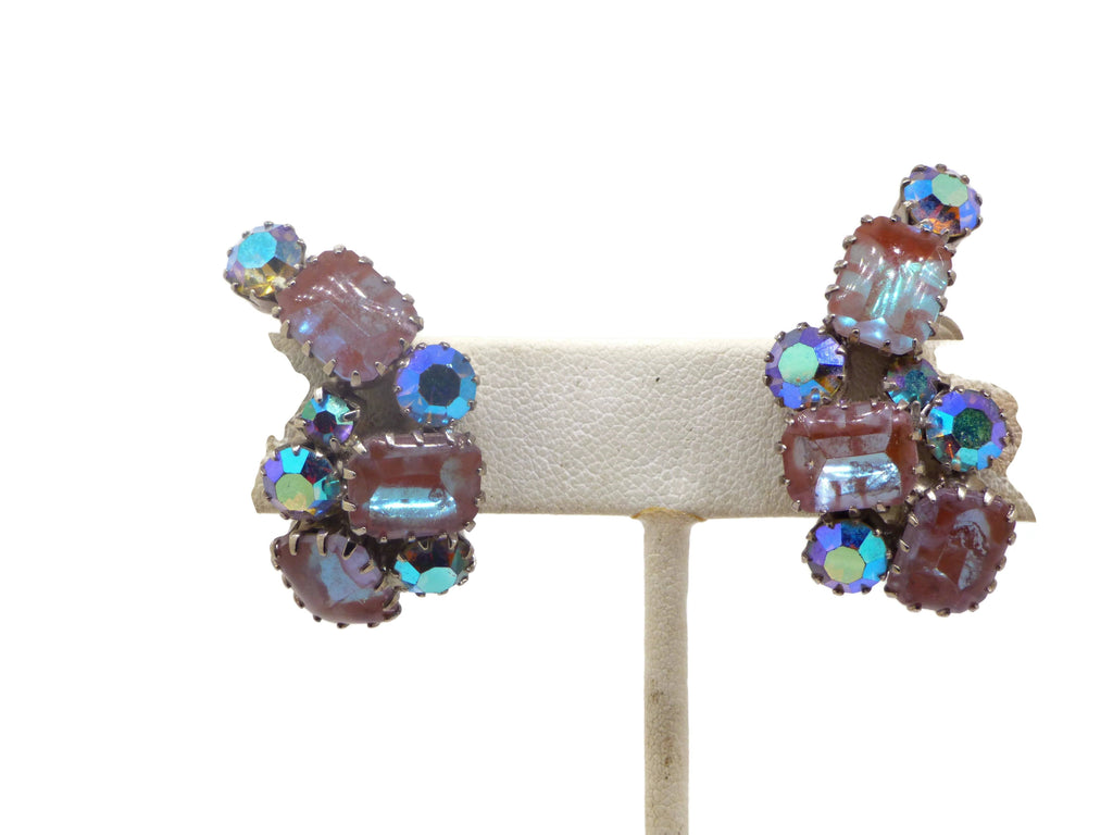 Vintage Saphiret and AB Rhinestone Necklace and Clip Earrings - Vintage Lane Jewelry
