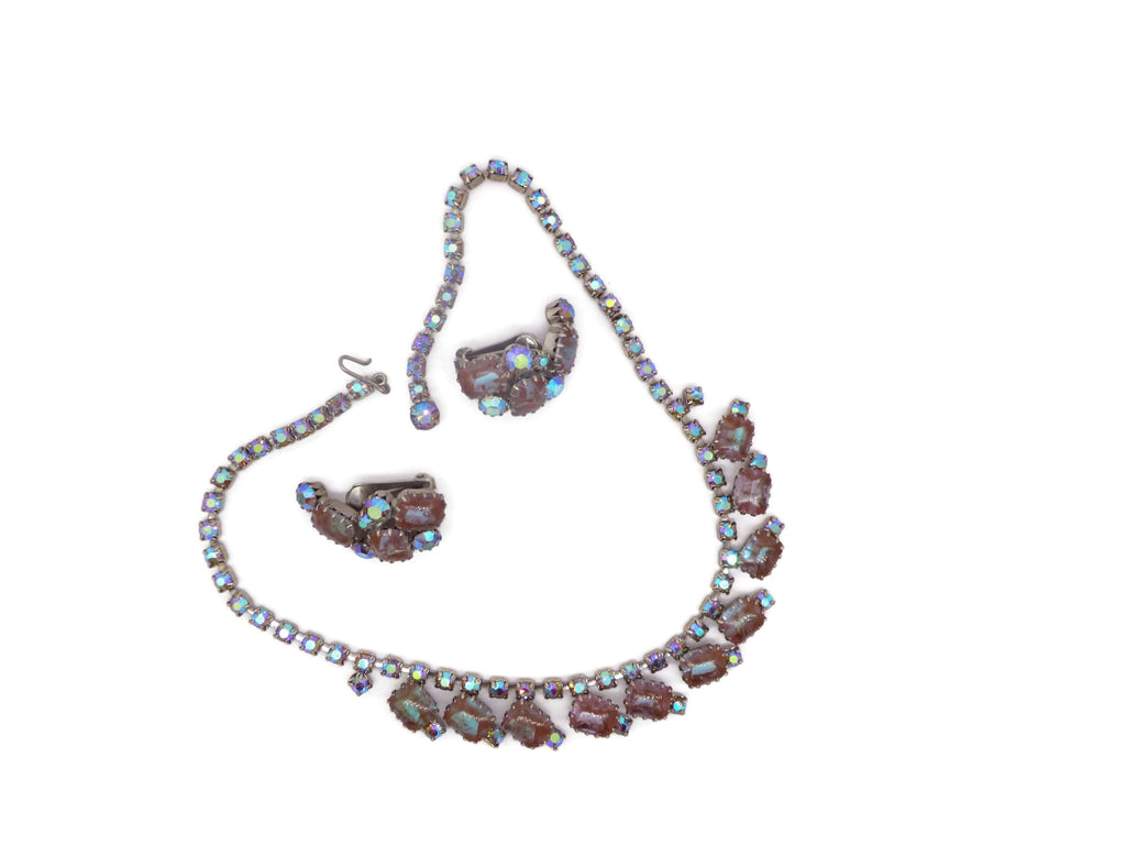 Vintage Saphiret and AB Rhinestone Necklace and Clip Earrings - Vintage Lane Jewelry
