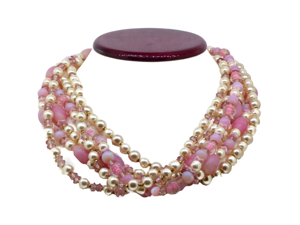 Miriam Haskell Pink Art Glass Bead Baroque Glass Pearl Necklace