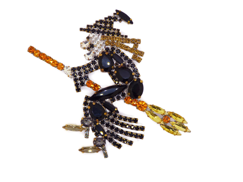 Huge Czech Rhinestone Witch Halloween Holiday Brooch