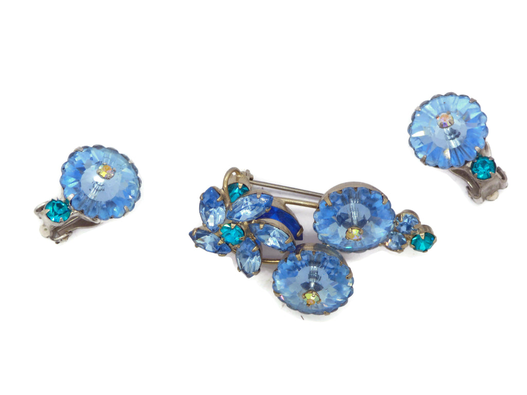 Vintage Juliana Baby Blue Margarita Rhinestone Flower Demi Parure - Vintage Lane Jewelry