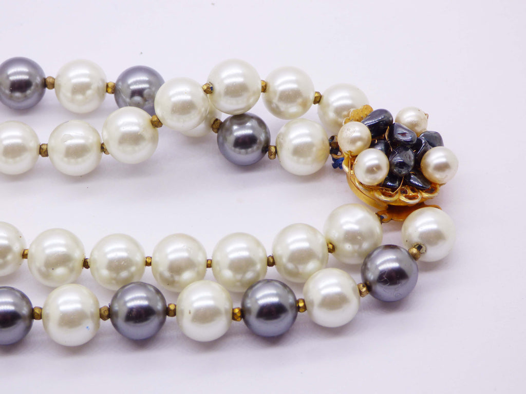 Miriam Haskell Black and White Glass Pearl Necklace - Vintage Lane Jewelry