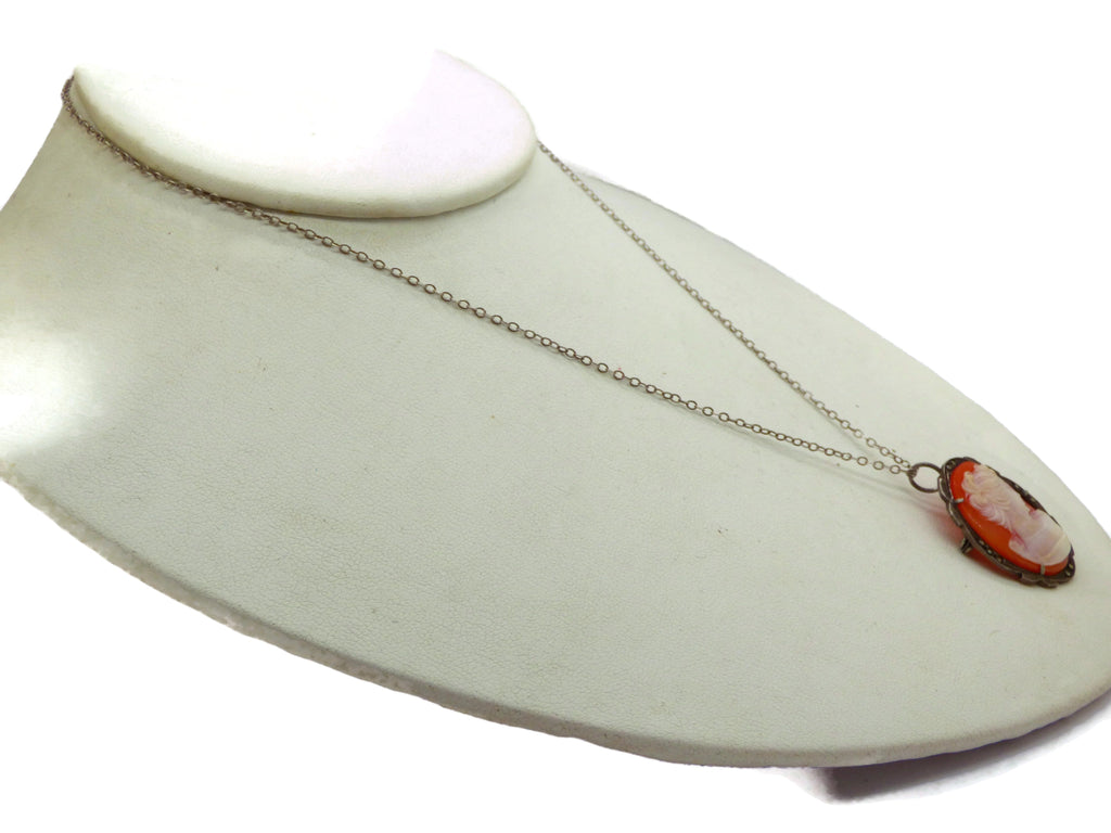 Art Deco Shell Cameo Sterling Brooch Necklace - Vintage Lane Jewelry