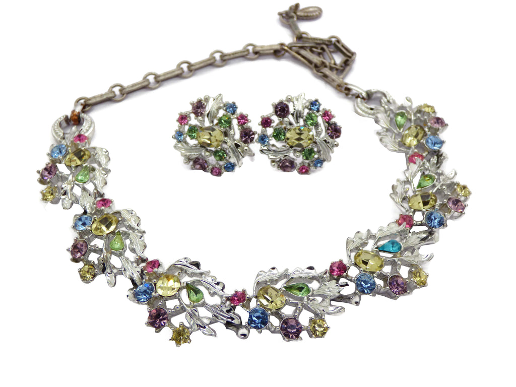 Vintage Lisner Pastel Rhinestone Necklace and Earrings