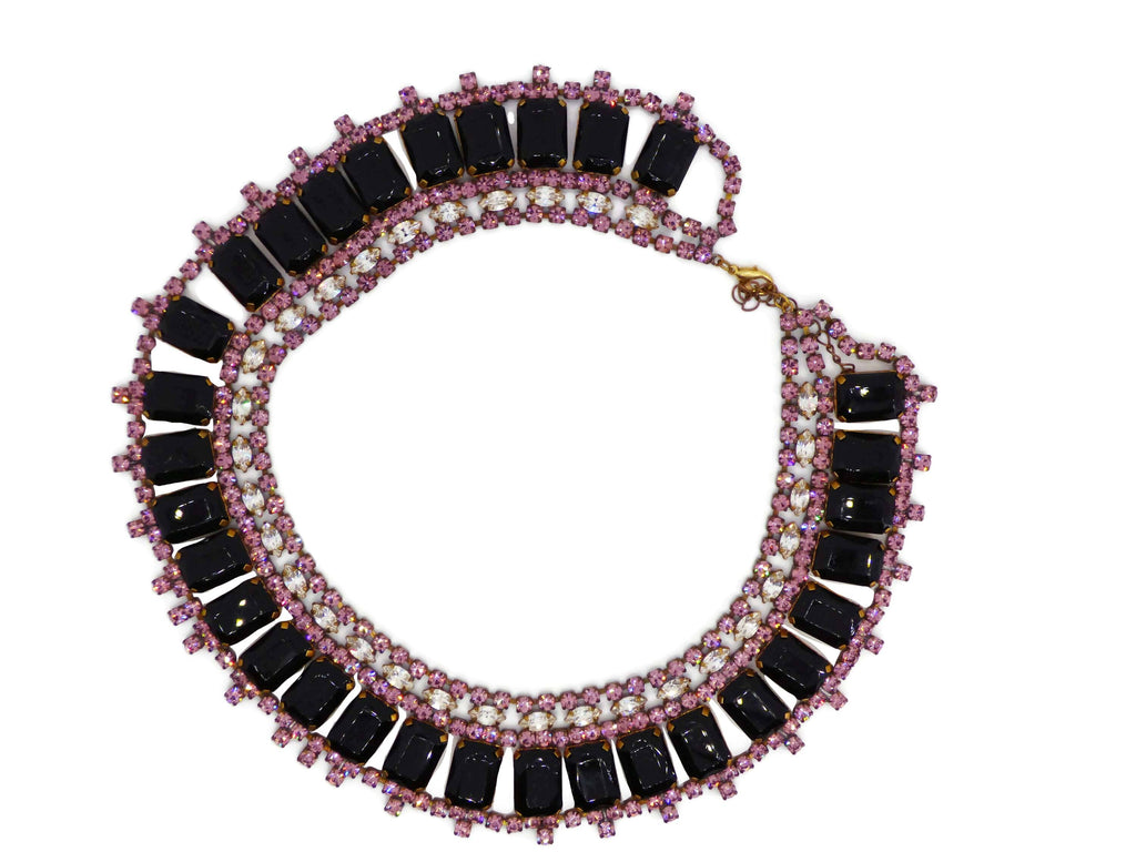 Dark Purple and Pink Rhinestone Czech Glass Bib Necklace - Vintage Lane Jewelry