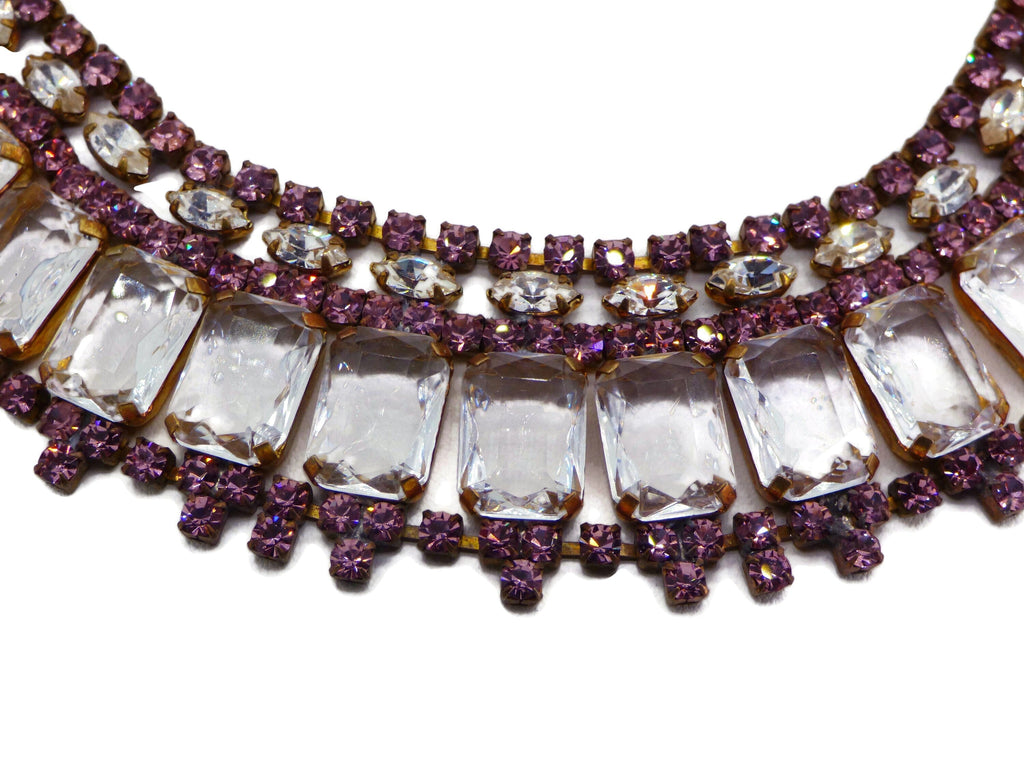 Lavender and Clear Rhinestone Czech Glass Bib Necklace