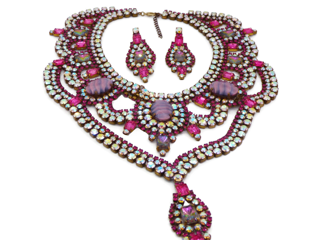 Czech Glass Statement Necklace Pink AB Stones and Earrings