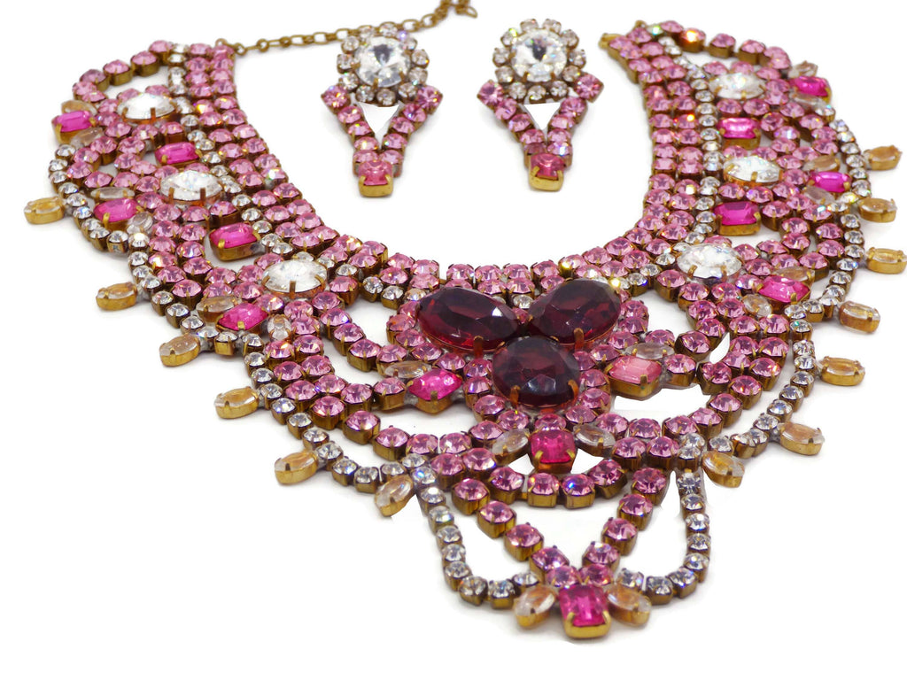Bijoux MG Czech Glass Pink Rhinestone Statement Necklace and Earrings