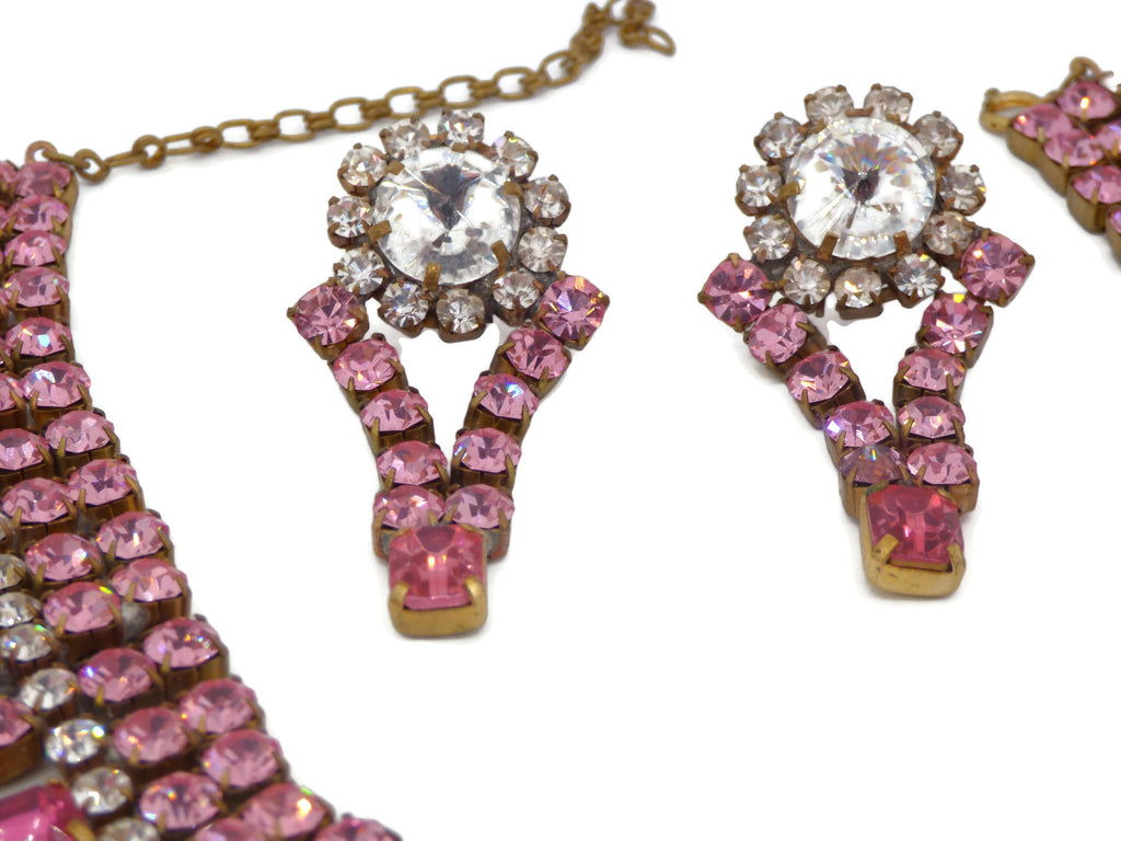 Bijoux MG Czech Glass Pink Rhinestone Statement Necklace and Earrings - Vintage Lane Jewelry