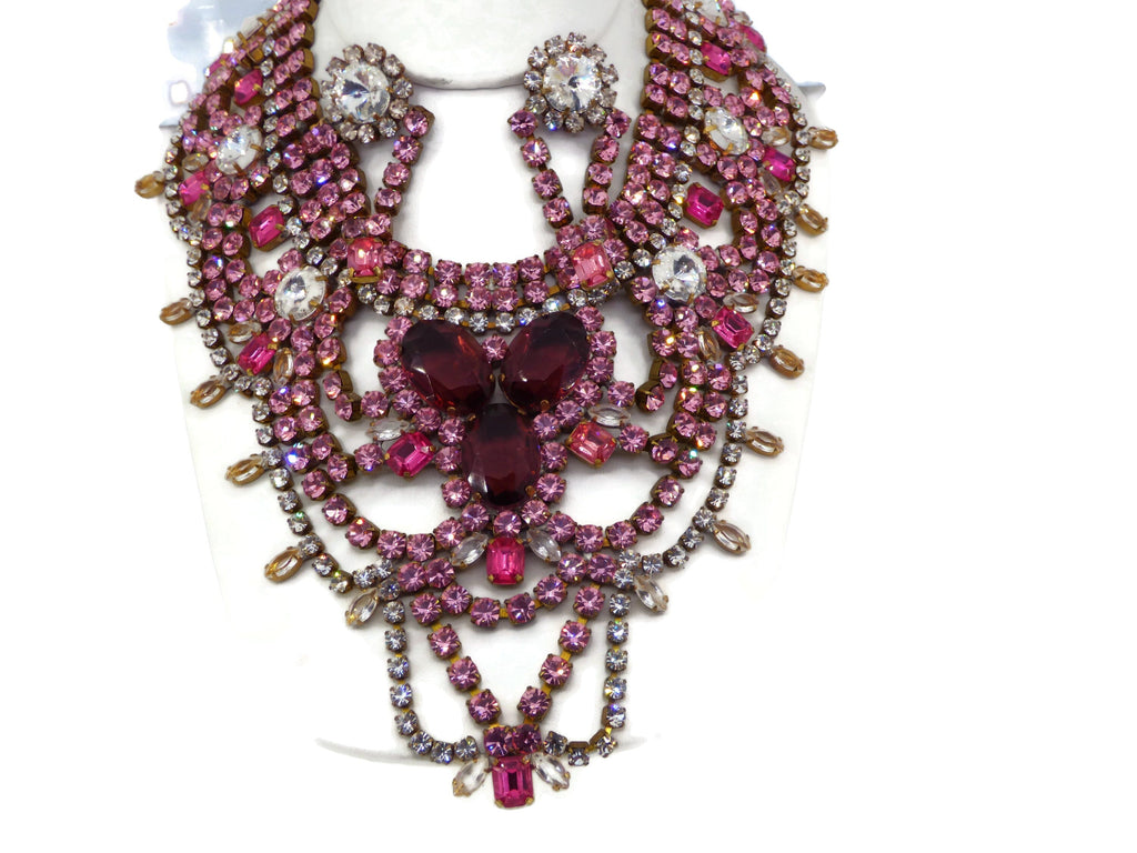 Bijoux MG Czech Glass Pink Rhinestone Statement Necklace and Earrings - Vintage Lane Jewelry