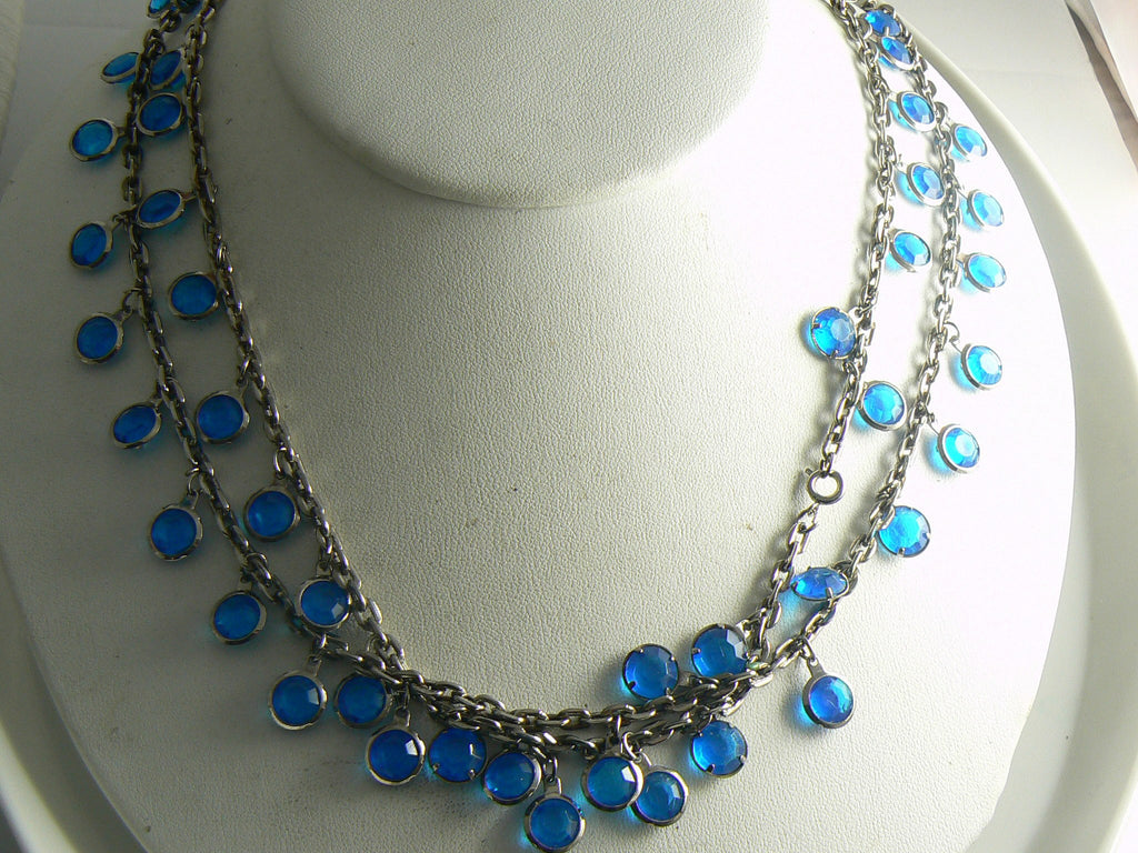 Blue Glass Bezel Set Dangle Necklace on Gold tone Chain