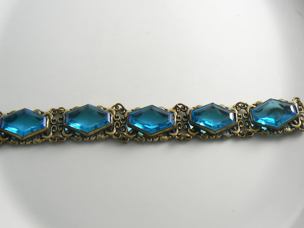Antique Art Nouveau Deco Open Back Set Blue Glass Stone Bracelet - Vintage Lane Jewelry