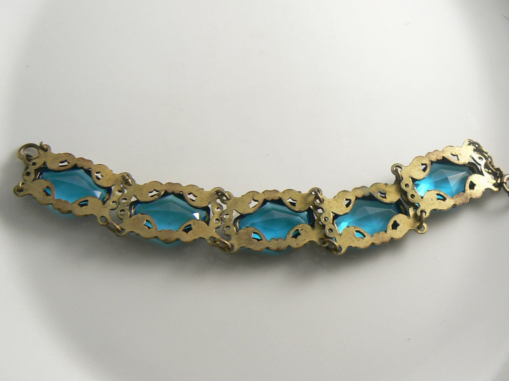 Antique Art Nouveau Deco Open Back Set Blue Glass Stone Bracelet - Vintage Lane Jewelry