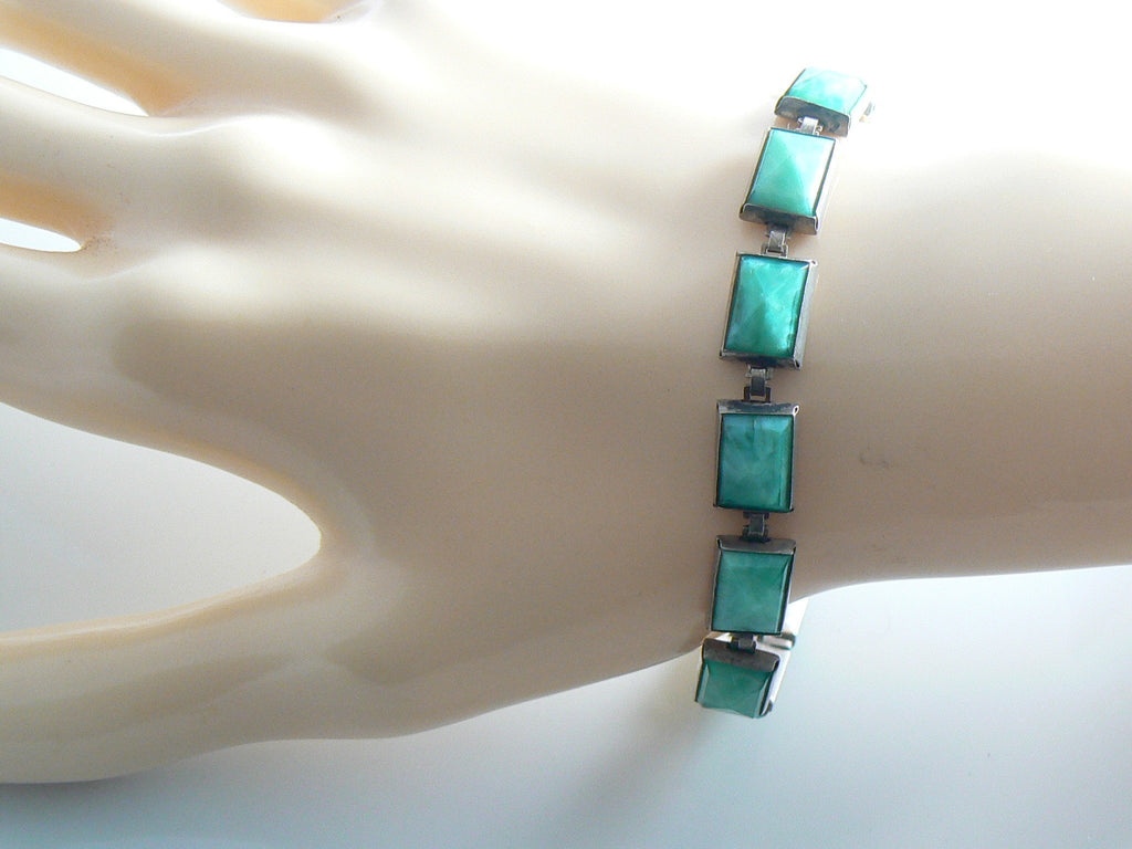 Lovely Art Deco light green stone Sterling silver bracelet