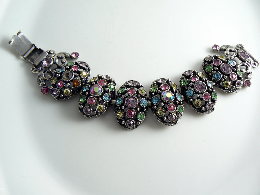 Vintage Hollycraft Silvertone Pastel Rhinestone Bracelet - Vintage Lane Jewelry