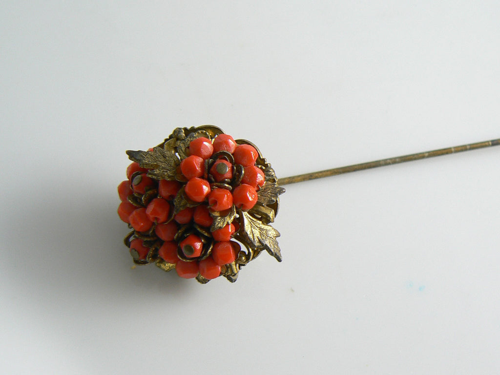 Stanley Hagler Coral Bead and Gold Gilt Flower hat Pin