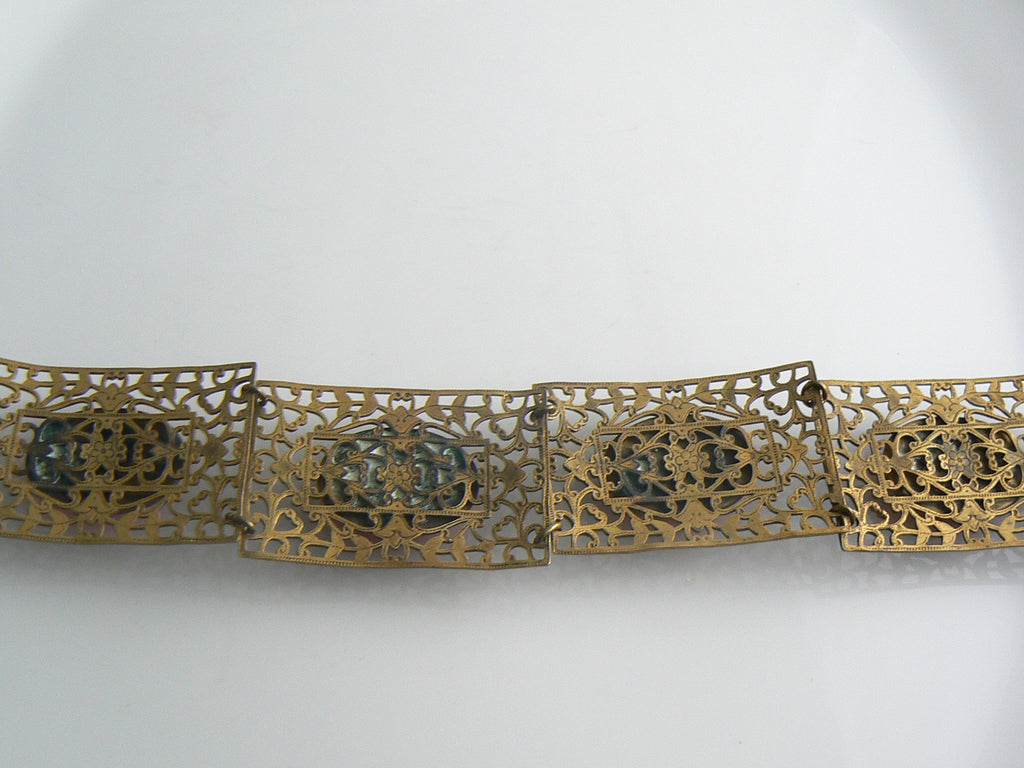 Czech Deco Lipstick Red Glass Brass Filigree Bracelet - Vintage Lane Jewelry