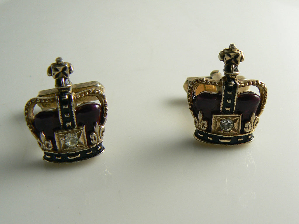 Vintage Swank Royal Heraldic Crown Purple Enamel with Cross Rhinestone Cufflinks