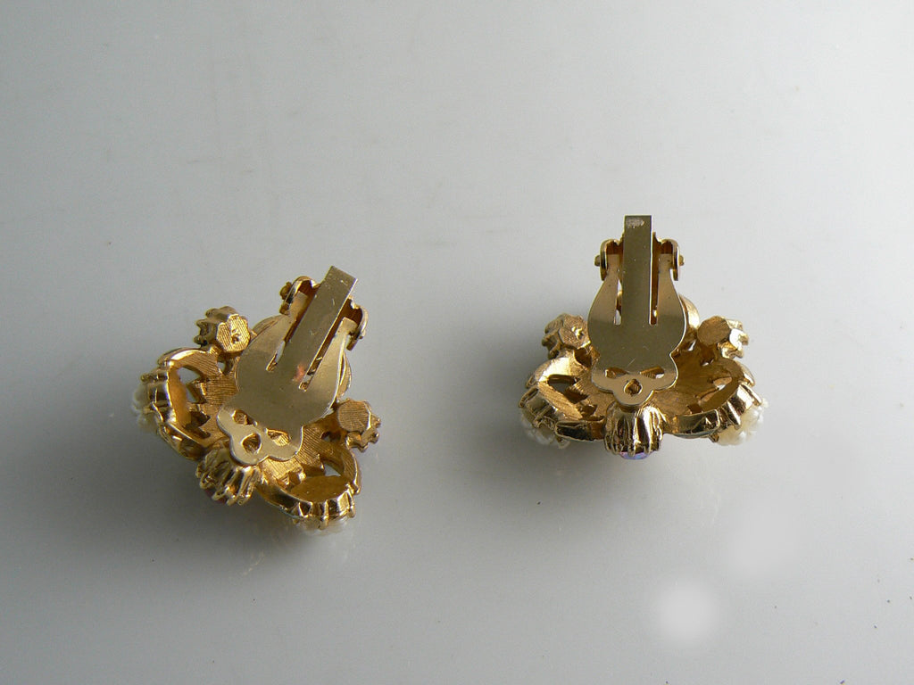 Florenza Enamel, AB Rhinestone Faux Pearl Clip Earrings - Vintage Lane Jewelry