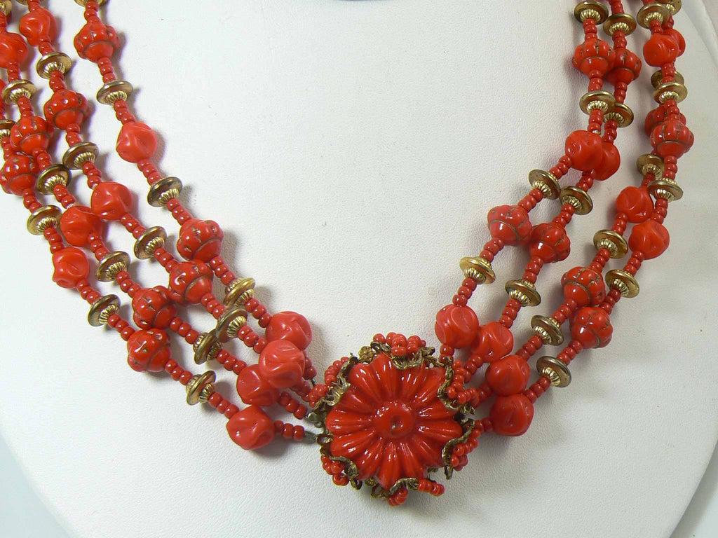 Vintage Miriam Haskell 4 Strand Red and Gold Glass Bead Necklace
