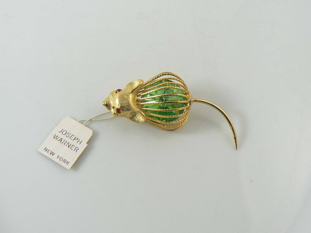 Joseph Warner Caged Peridot Glass Rhinestone Mouse Figural Pin Brooch - Vintage Lane Jewelry