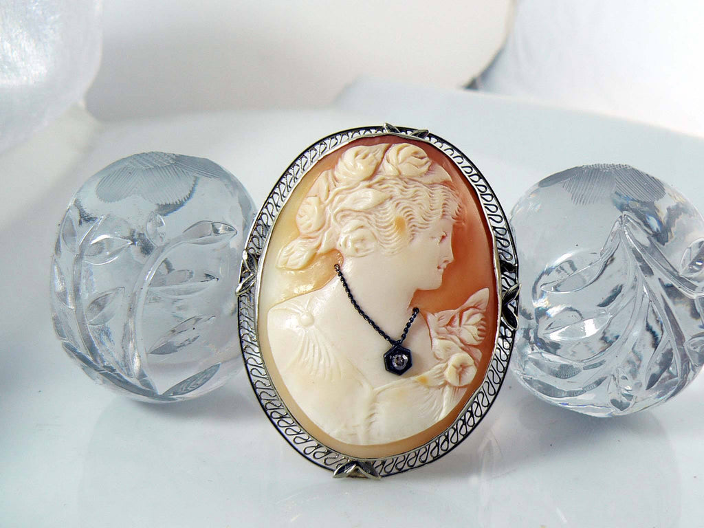 Vintage 14K White Gold Filigree Carved Shell Cameo Miners Cut Diamond Habille Brooch - Vintage Lane Jewelry