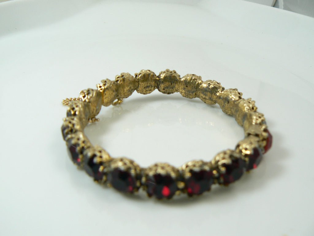 Vintage Jeanne Ruby-Red Rhinestone Clamper Bracelet - Vintage Lane Jewelry