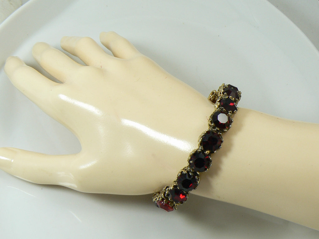 Vintage Jeanne Ruby-Red Rhinestone Clamper Bracelet - Vintage Lane Jewelry