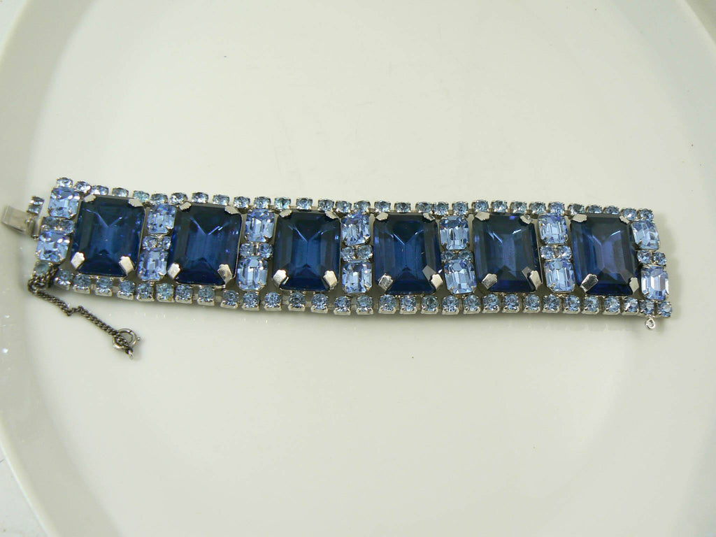 Spectacular High End Sapphire Blue Wide Rhinestone Bracelet - Vintage Lane Jewelry